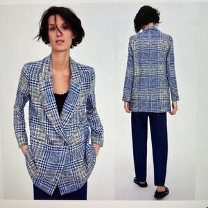 Zara Blazer Plaid Pronounced Shoulders Double Breasted XS
